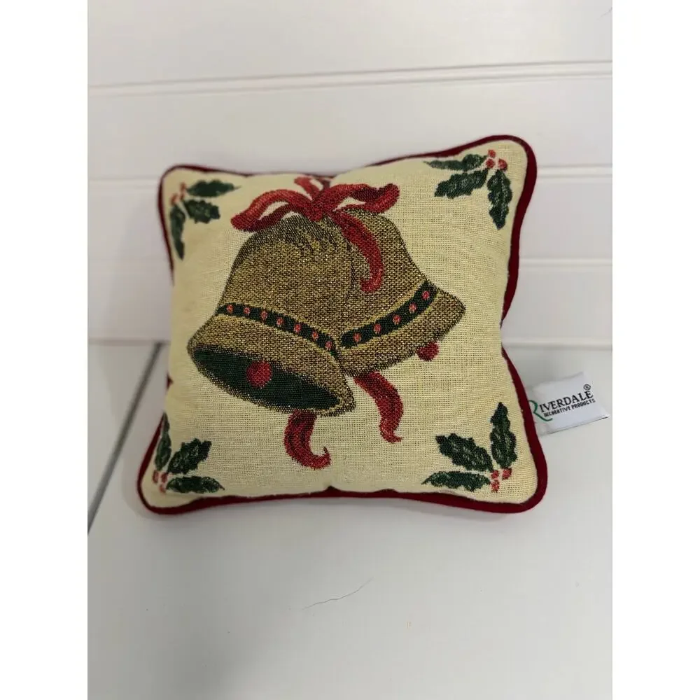Vintage Riverdale Christmas Tapestry Accent Pillow Golden Holiday Bells & Holly